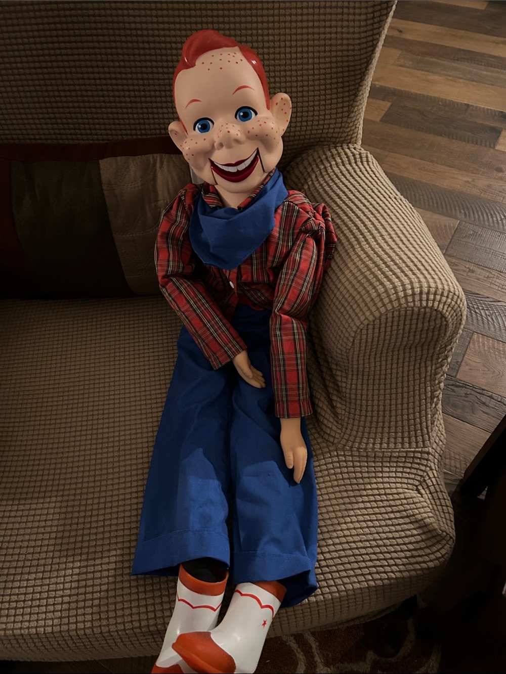 Red-Haired Plush Howdy Doody Puppet Doll in Blue Outfit and Plaid Shirt